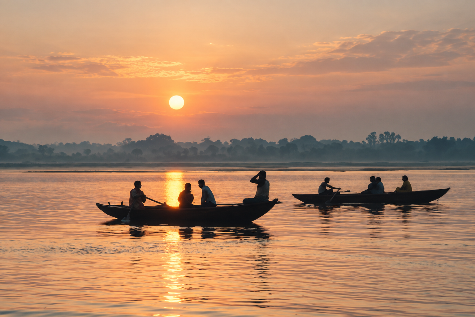 Boats on the Brahmaputra river at sunrise in Assam
