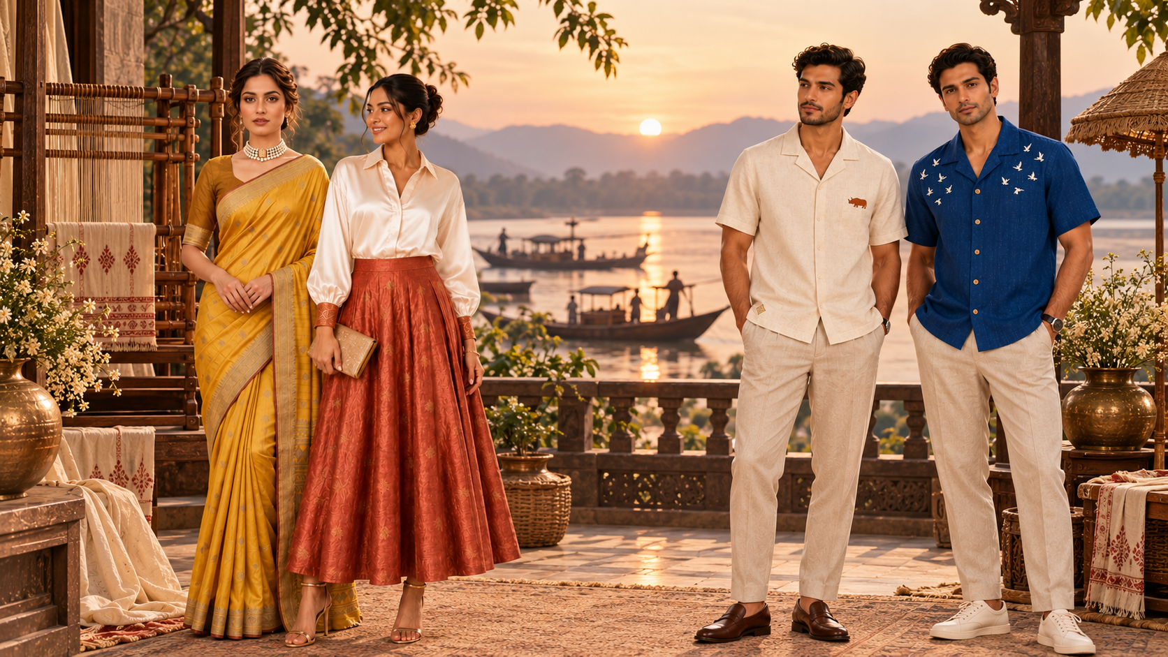 Samrajni models wearing natural silk garments beside the Brahmaputra in Assam